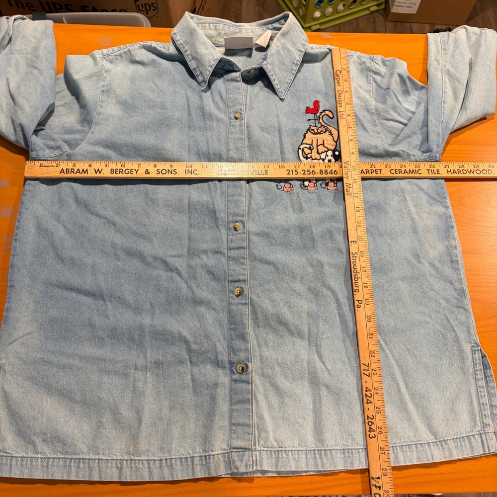 Blair Women 2XL Vintage 90s Denim Shirt Embroidered Cat Bird Dog Mouse Button Up - Picture 4 of 10